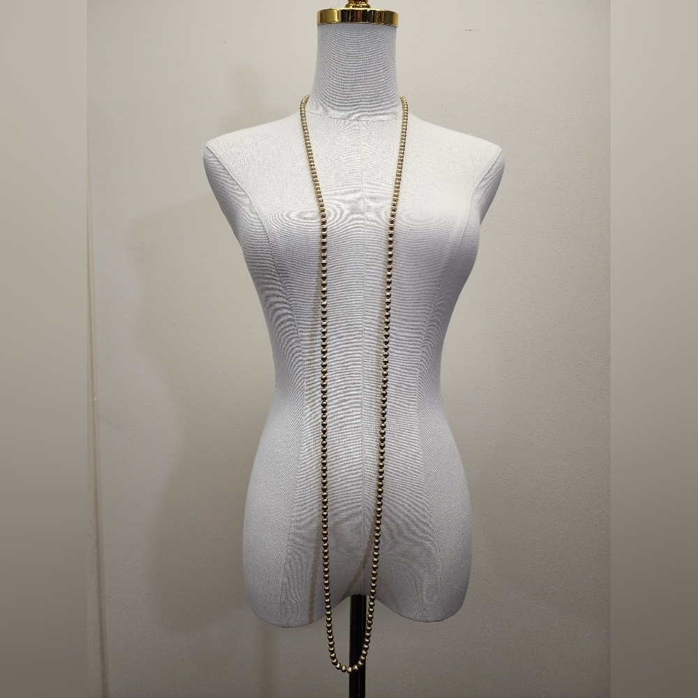 Vintage Gold Tone Ribbed Beaded Necklace Double Strand Long Heavy
